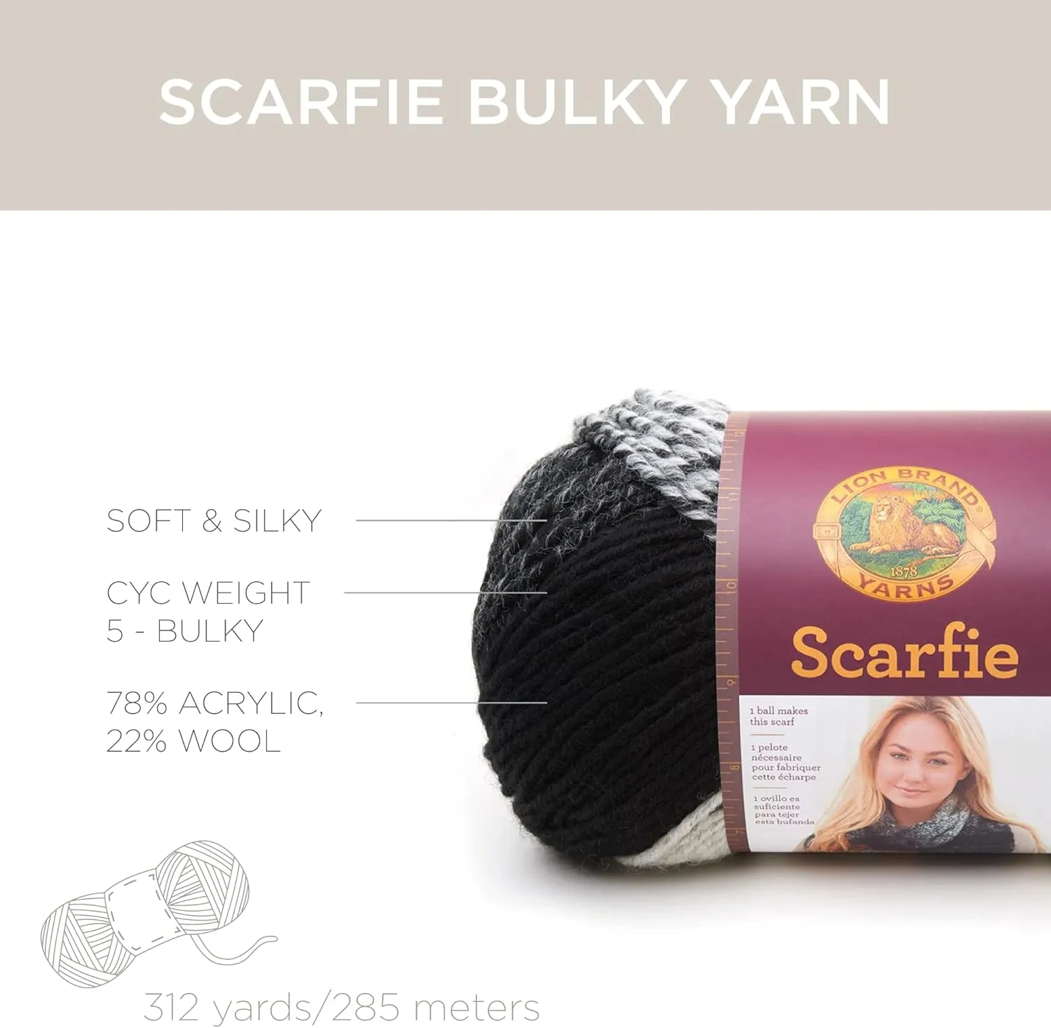Lion Brand Yarn (1 Skein) Scarfie Bulky Yarn, Charcoal/Magenta
