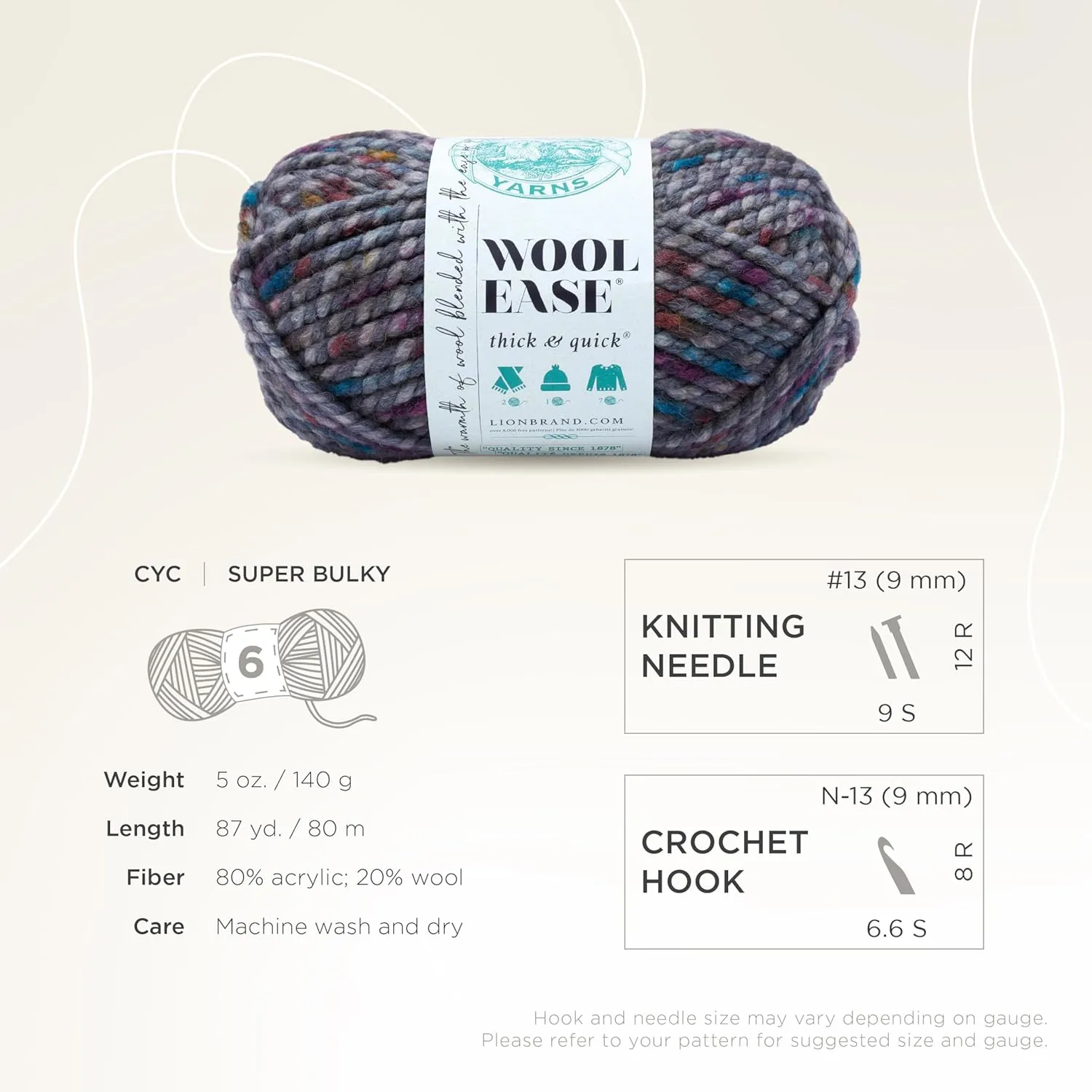 Lion Brand Yarn Wool-Ease Thick & Quick Yarn, Soft and Bulky Yarn for Knitting, Crocheting, and Crafting, 1 Skein, Abalone