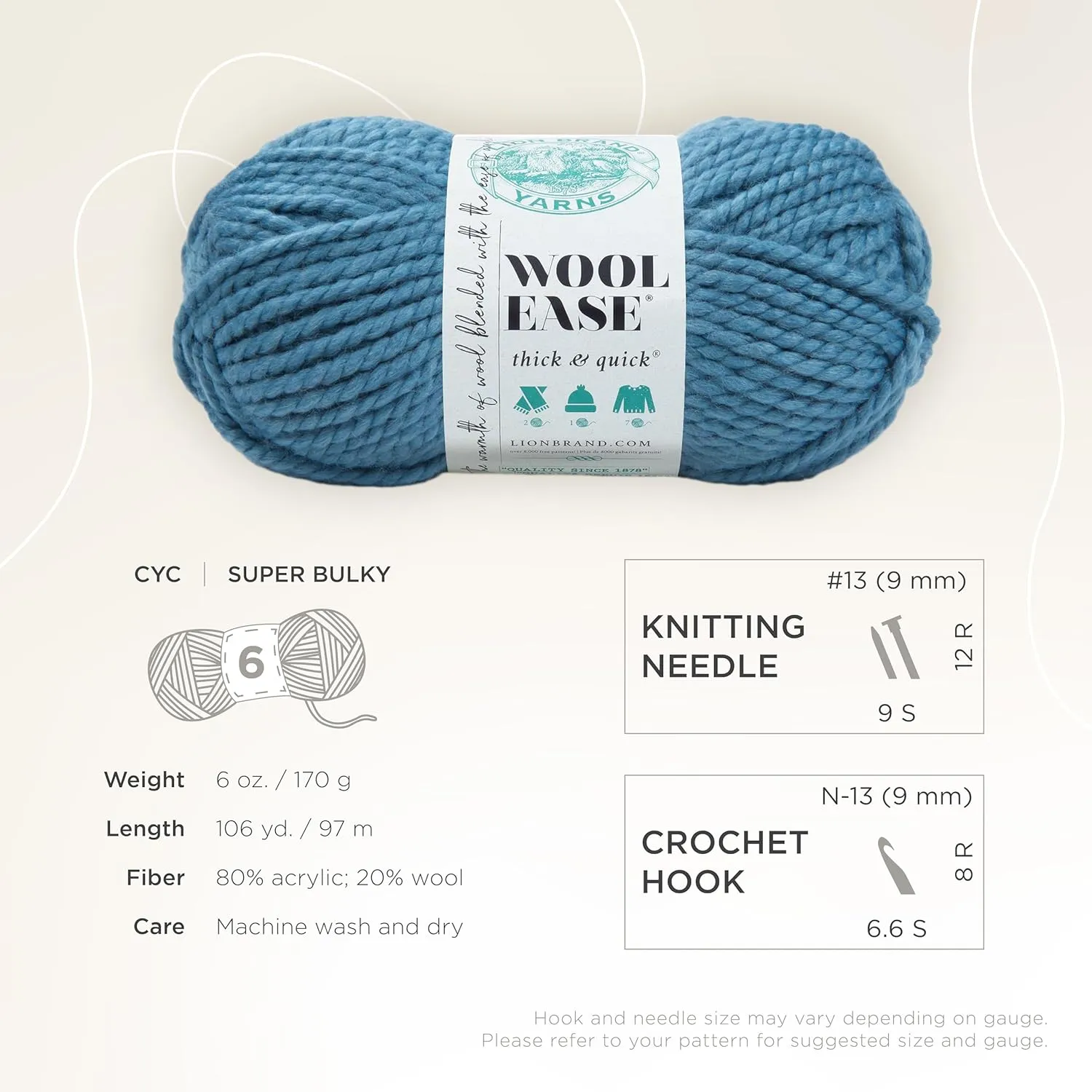 Lion Brand Yarn Wool-Ease Thick & Quick Yarn, Soft and Bulky Yarn for Knitting, Crocheting, and Crafting, 1 Skein, Air Force