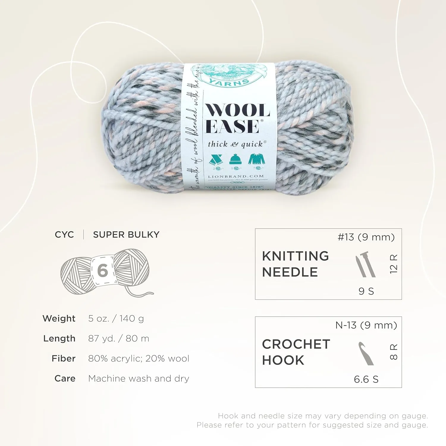 Lion Brand Yarn Wool-Ease Thick & Quick Yarn, Soft and Bulky Yarn for Knitting, Crocheting, and Crafting, 1 Skein, Arctic Ice