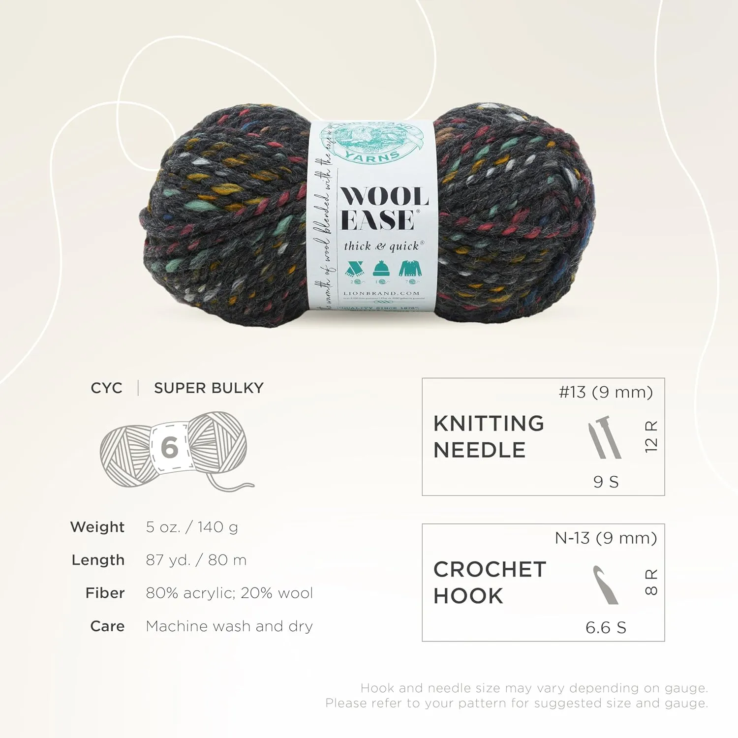 Lion Brand Yarn Wool-Ease Thick & Quick Yarn, Soft and Bulky Yarn for Knitting, Crocheting, and Crafting, 1 Skein, Bedrock