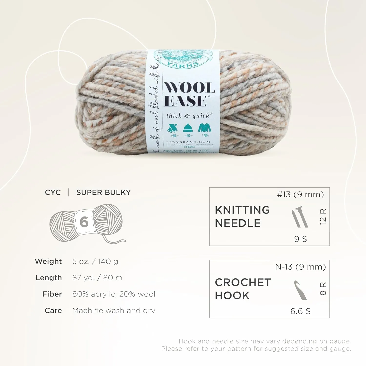 Lion Brand Yarn Wool-Ease Thick & Quick Yarn, Soft and Bulky Yarn for Knitting, Crocheting, and Crafting, 1 Skein, Fossil