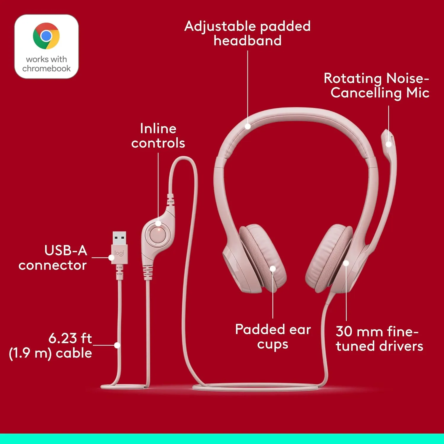 Logitech H390 Gaming Headphones, Wired Headphones with Mic, USB Headset with Microphone for PC, Noise Cancelling Microphone for Video Meetings, Music, Gaming - Rose
