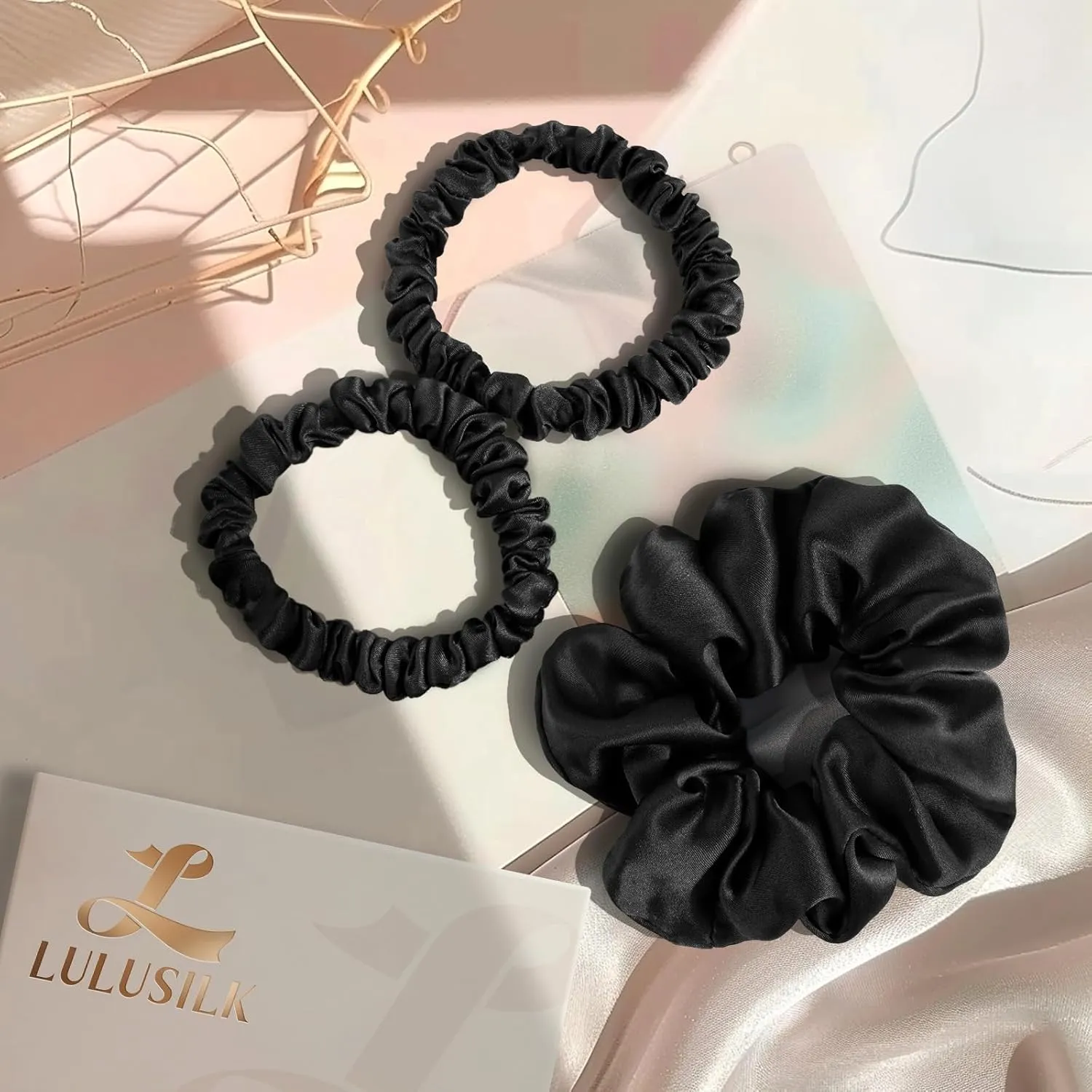 LULUSILK Black Silk Scrunchies for Hair Sleep, 100% Real Mulberry Silk, No Damage Hair Ties for Women and Girls, Pack of 3