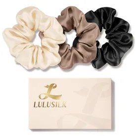 LULUSILK Silk Scrunchies for Hair Sleep, 100% Real Mulberry Silk, No Damage Silk Hair Ties for Women and Girls, Basic Collection, Pack of 3