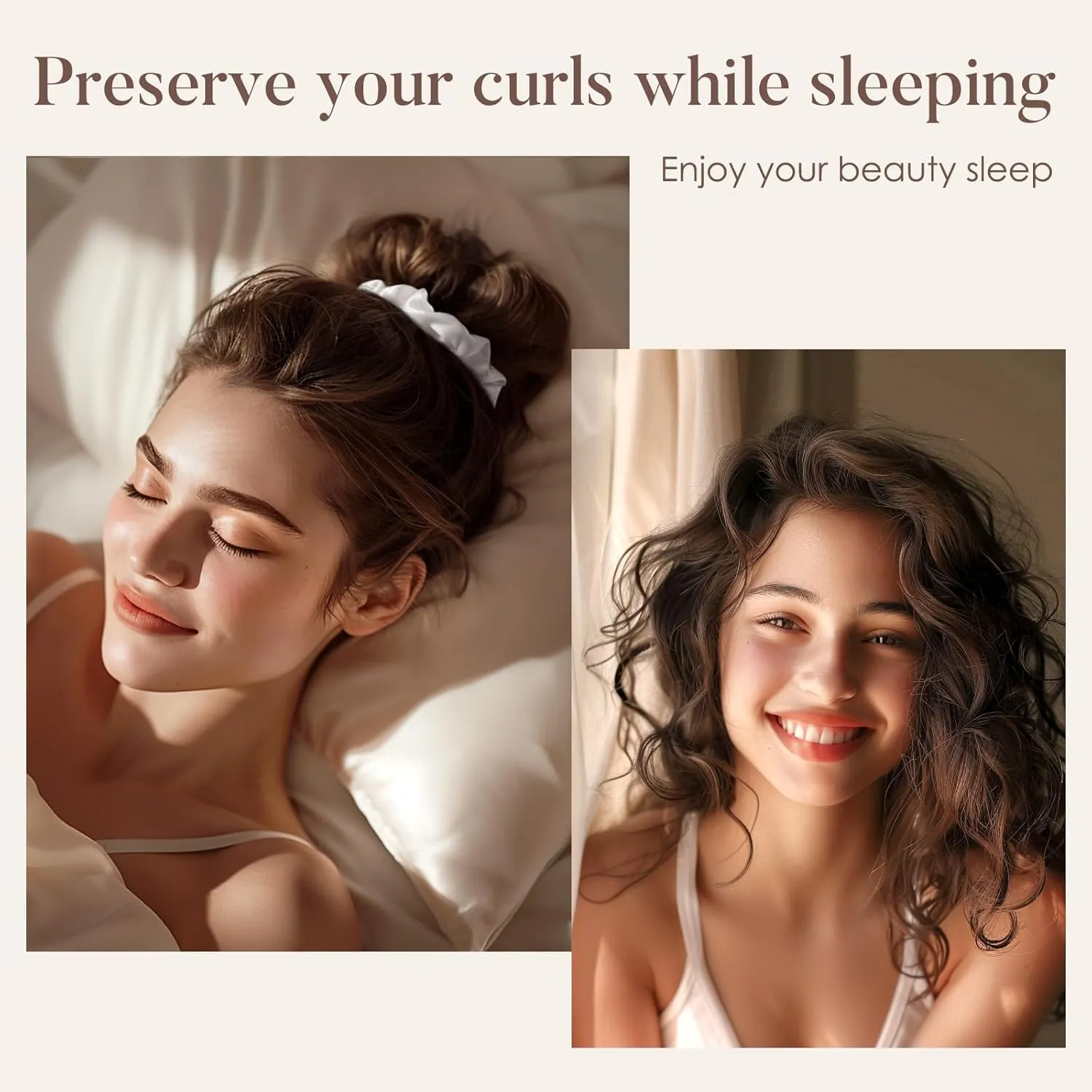 LULUSILK Silk Scrunchies for Hair Sleep, 100% Real Mulberry Silk, No Damage Silk Hair Ties for Women and Girls, Black White and Light Brown, Pack of 3