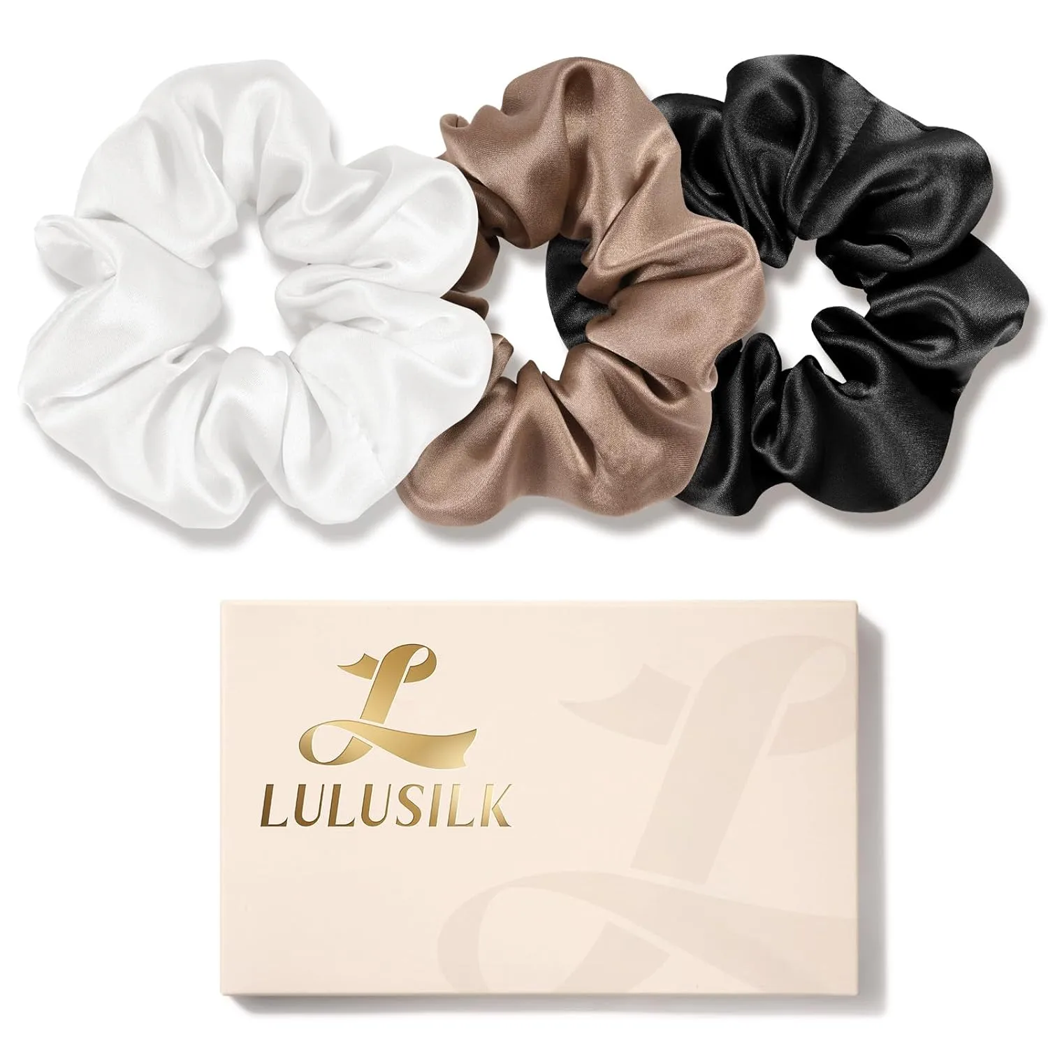 LULUSILK Silk Scrunchies for Hair Sleep, 100% Real Mulberry Silk, No Damage Silk Hair Ties for Women and Girls, Black White and Light Brown, Pack of 3