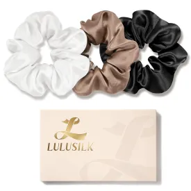 LULUSILK Silk Scrunchies for Hair Sleep, 100% Real Mulberry Silk, No Damage Silk Hair Ties for Women and Girls, Black White and Light Brown, Pack of 3