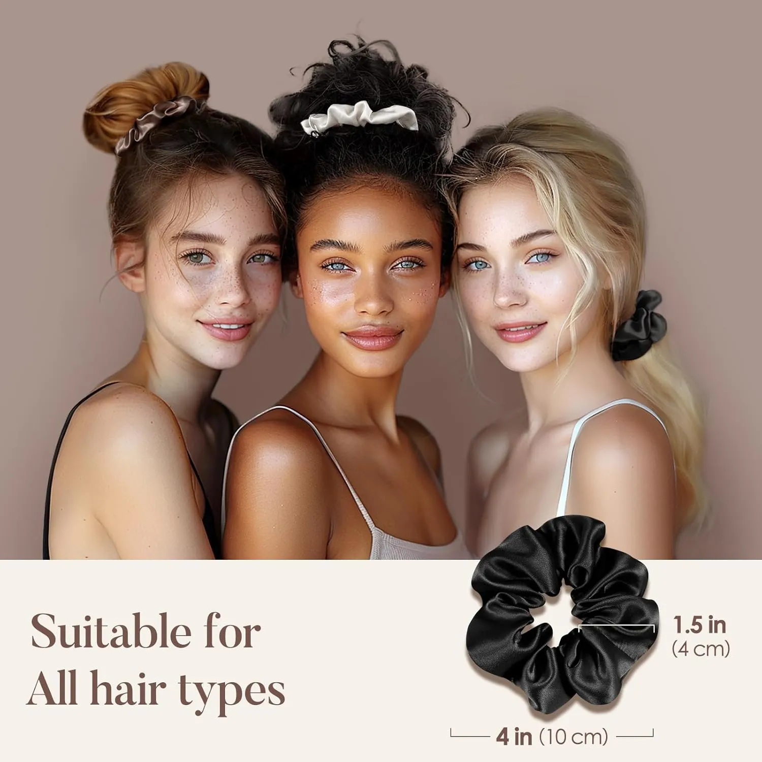 LULUSILK Silk Scrunchies for Hair Sleep, 100% Real Mulberry Silk, No Damage Silk Hair Ties for Women and Girls, Black White and Light Brown, Pack of 3