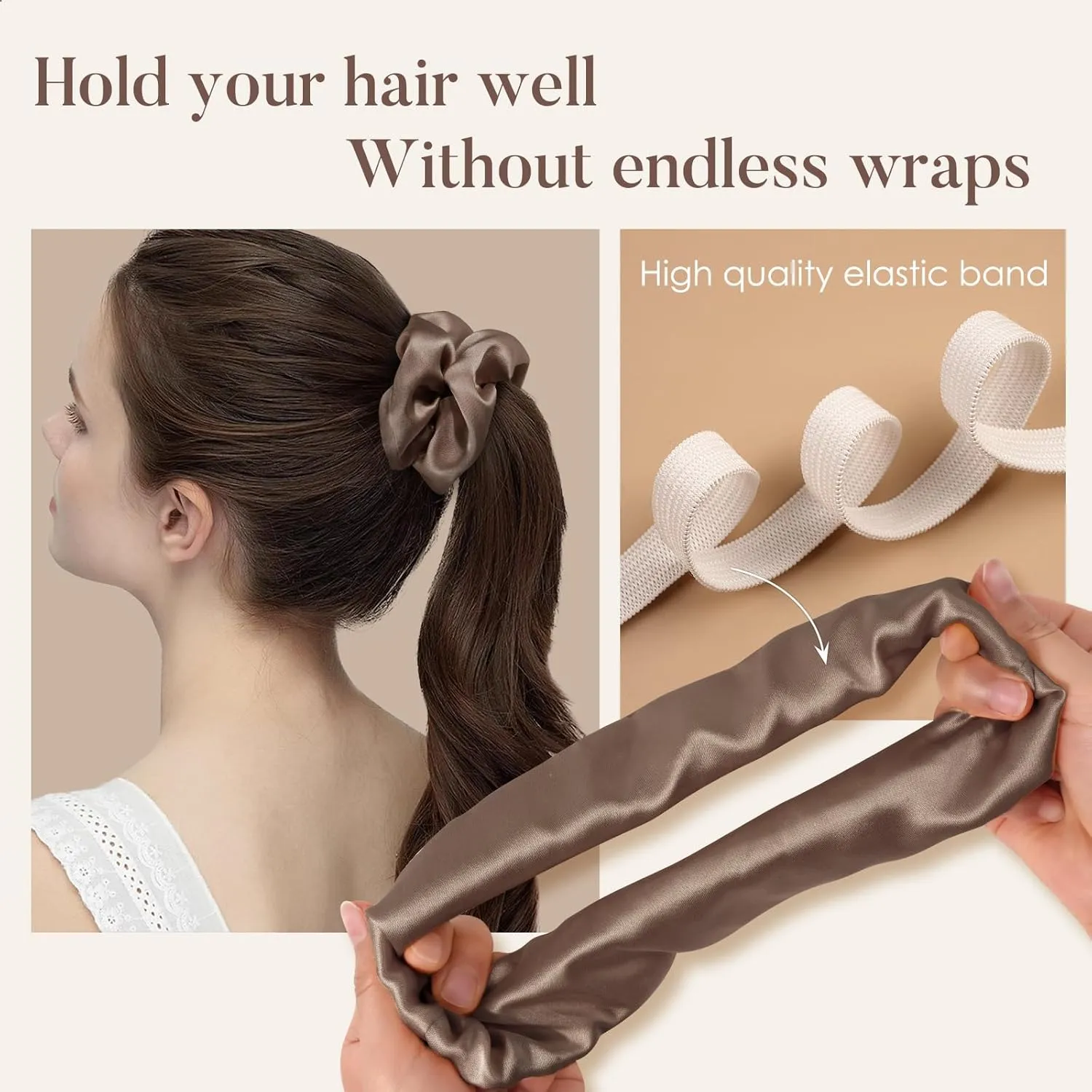 LULUSILK Silk Scrunchies for Hair Sleep, 100% Real Mulberry Silk, No Damage Silk Hair Ties for Women and Girls, Black White and Light Brown, Pack of 3