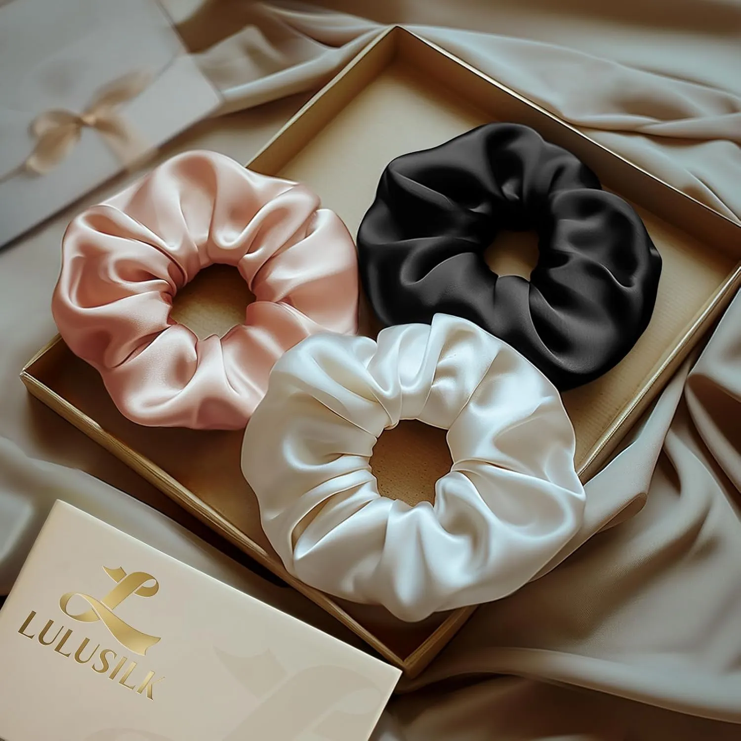 LULUSILK Silk Scrunchies for Hair Sleep, 100% Real Mulberry Silk, No Damage Silk Hair Ties for Women and Girls, Black White and Lotus Pink, Pack of 3