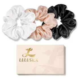 LULUSILK Silk Scrunchies for Hair Sleep, 100% Real Mulberry Silk, No Damage Silk Hair Ties for Women and Girls, Black White and Lotus Pink, Pack of 3