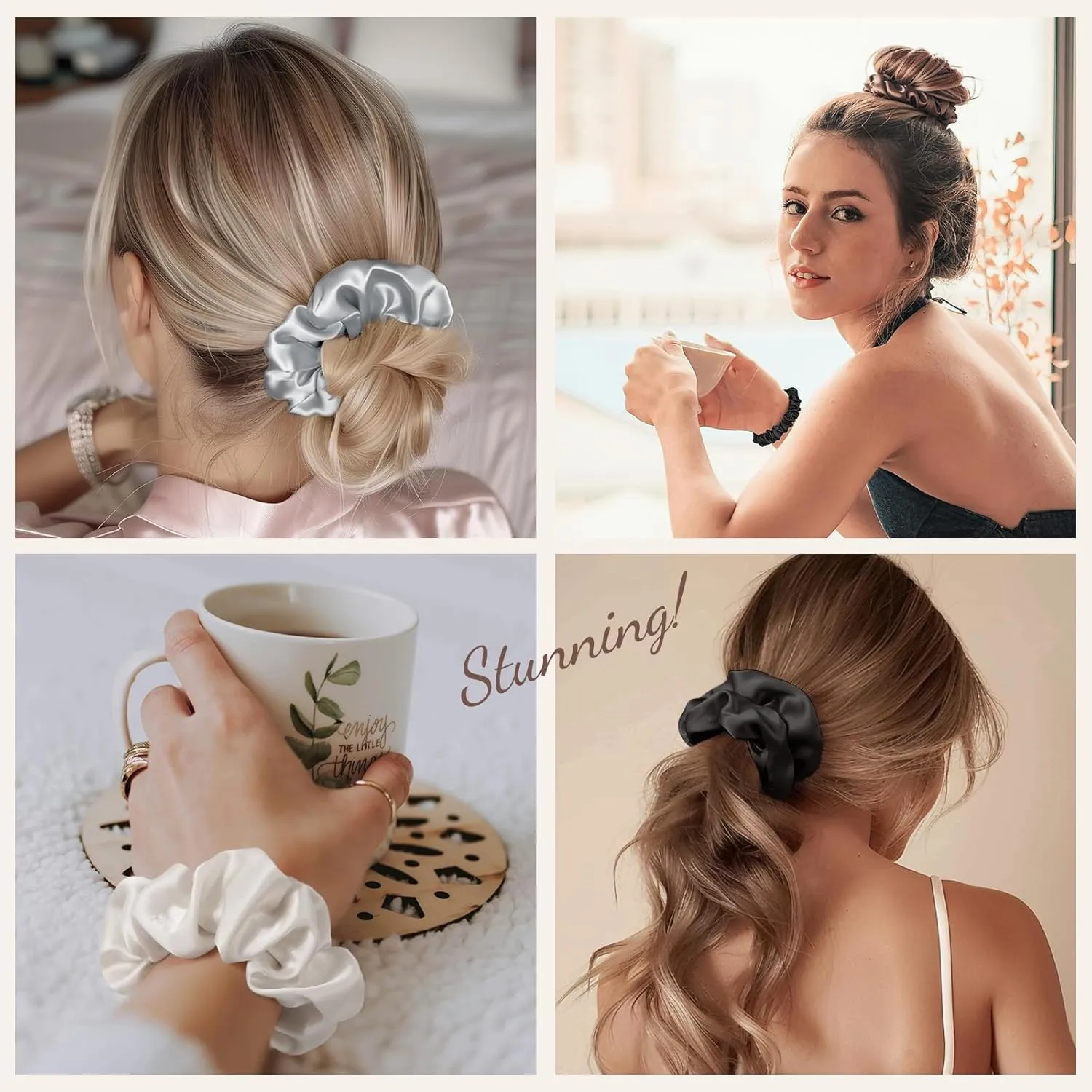 LULUSILK Silk Scrunchies for Hair Sleep, 100% Real Mulberry Silk, No Damage Silk Hair Ties for Women and Girls, Black White and Silvergrey, Pack of 3
