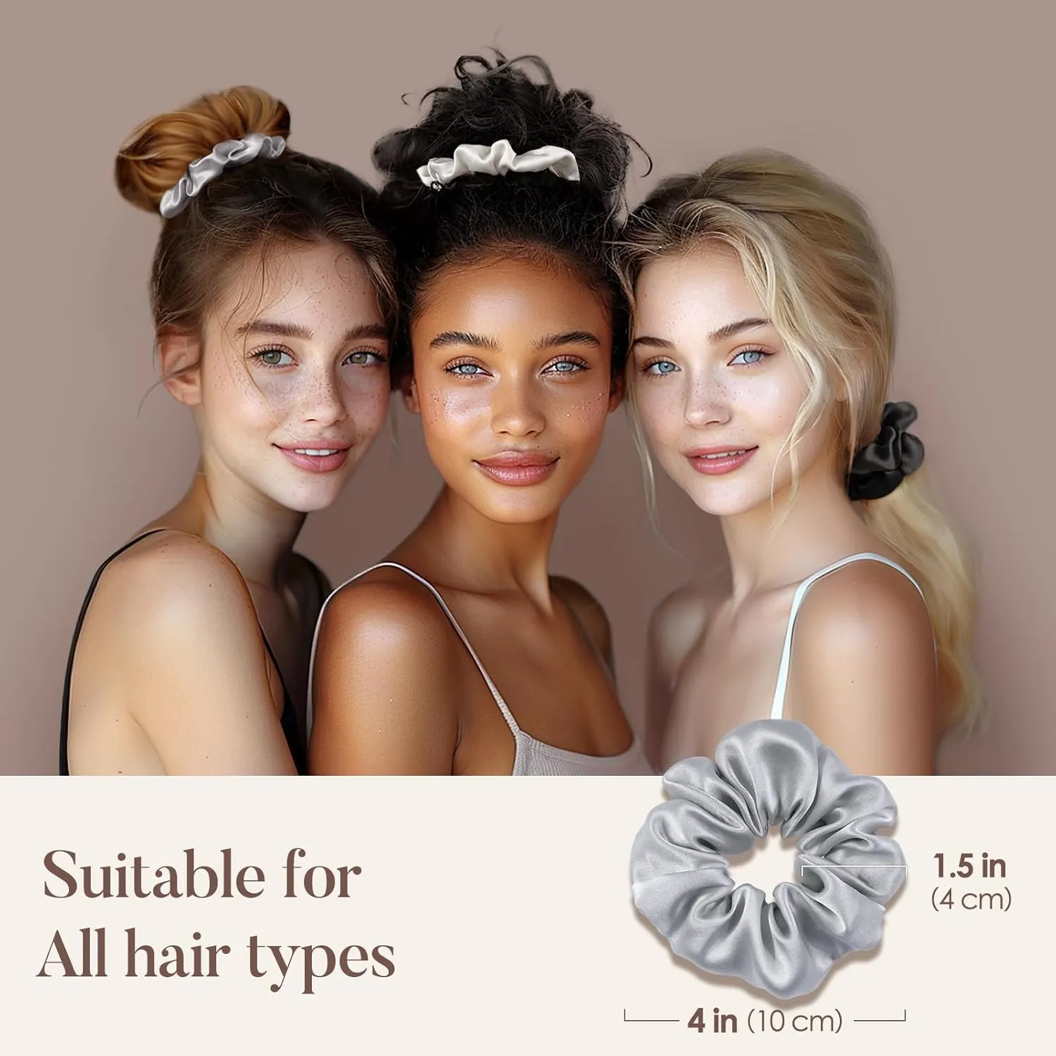 LULUSILK Silk Scrunchies for Hair Sleep, 100% Real Mulberry Silk, No Damage Silk Hair Ties for Women and Girls, Black White and Silvergrey, Pack of 3