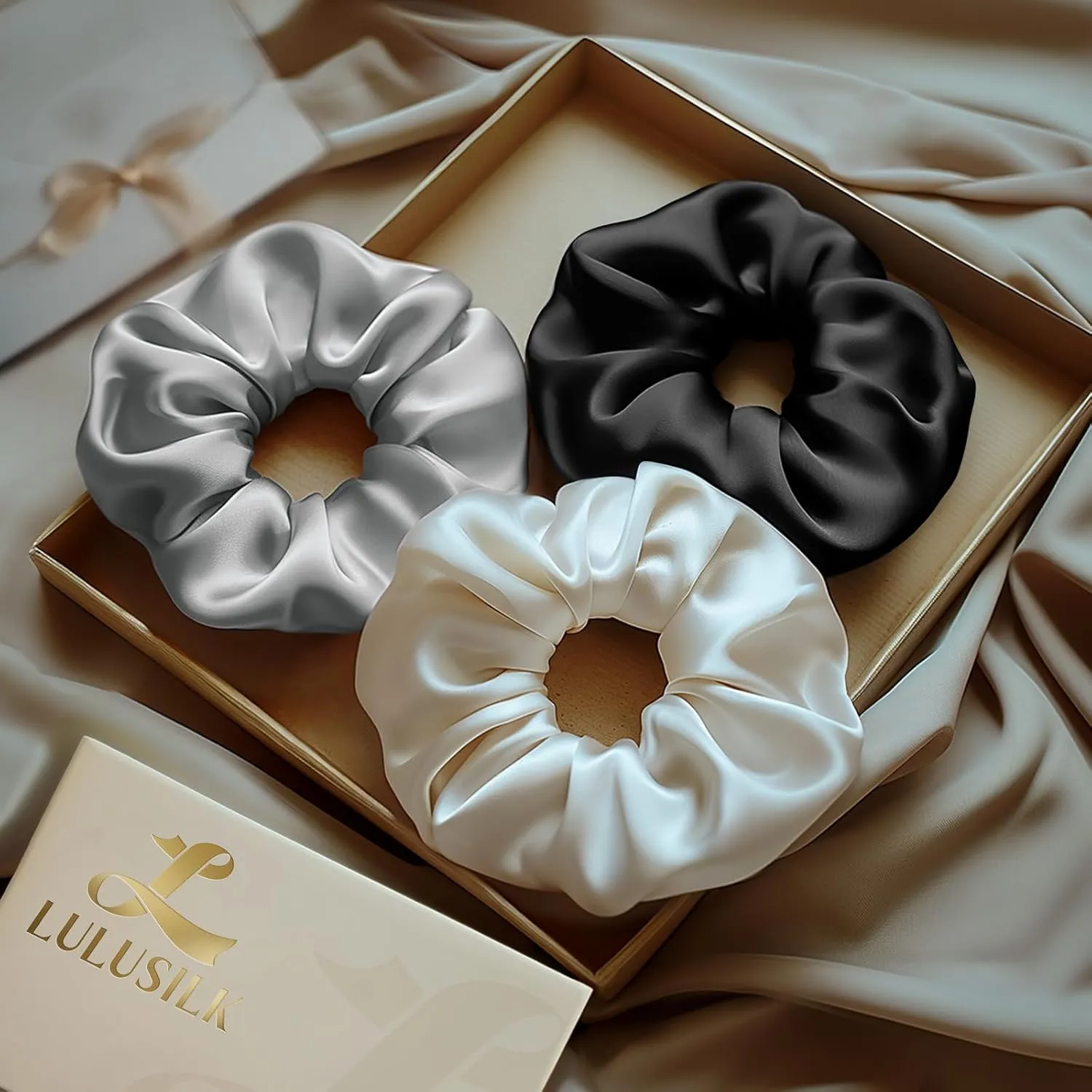 LULUSILK Silk Scrunchies for Hair Sleep, 100% Real Mulberry Silk, No Damage Silk Hair Ties for Women and Girls, Black White and Silvergrey, Pack of 3