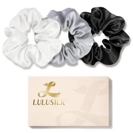 LULUSILK Silk Scrunchies for Hair Sleep, 100% Real Mulberry Silk, No Damage Silk Hair Ties for Women and Girls, Black White and Silvergrey, Pack of 3
