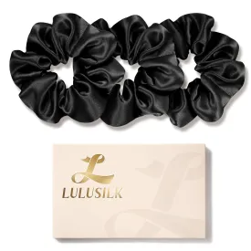 LULUSILK Silk Scrunchies for Hair Sleep, 100% Real Mulberry Silk, No Damage Silk Hair Ties for Women and Girls, Classic Black, Pack of 3