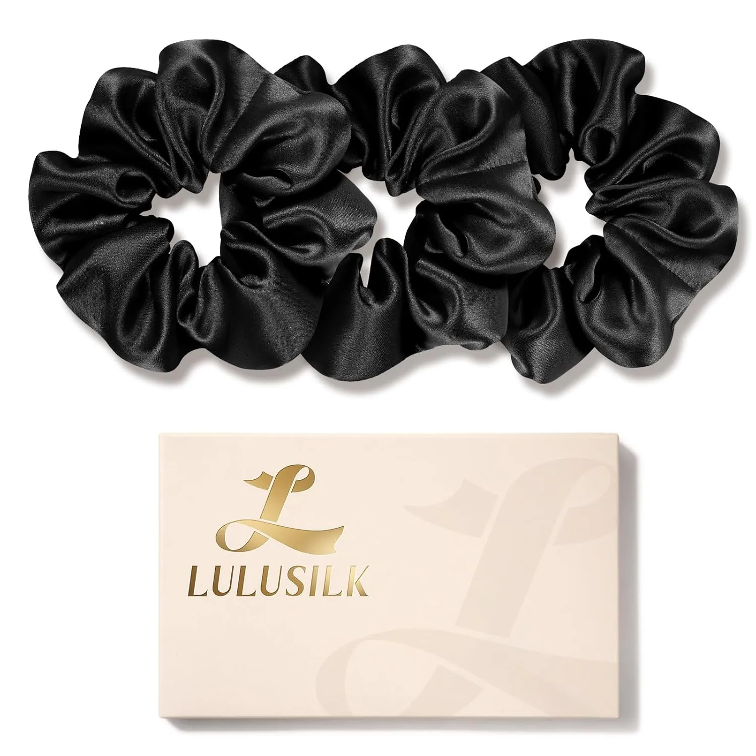 LULUSILK Silk Scrunchies for Hair Sleep, 100% Real Mulberry Silk, No Damage Silk Hair Ties for Women and Girls, Classic Black, Pack of 3
