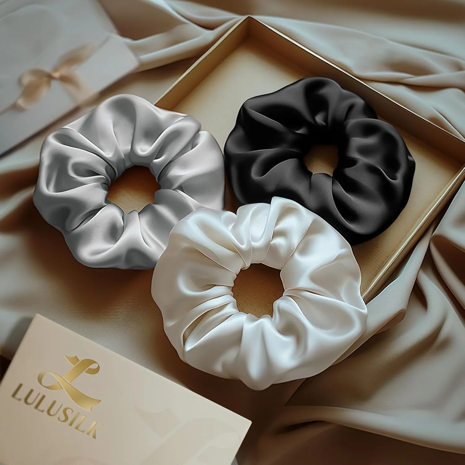 LULUSILK Silk Scrunchies for Hair Sleep, 100% Real Mulberry Silk, No Damage Silk Hair Ties for Women and Girls, Classic Black, Pack of 3