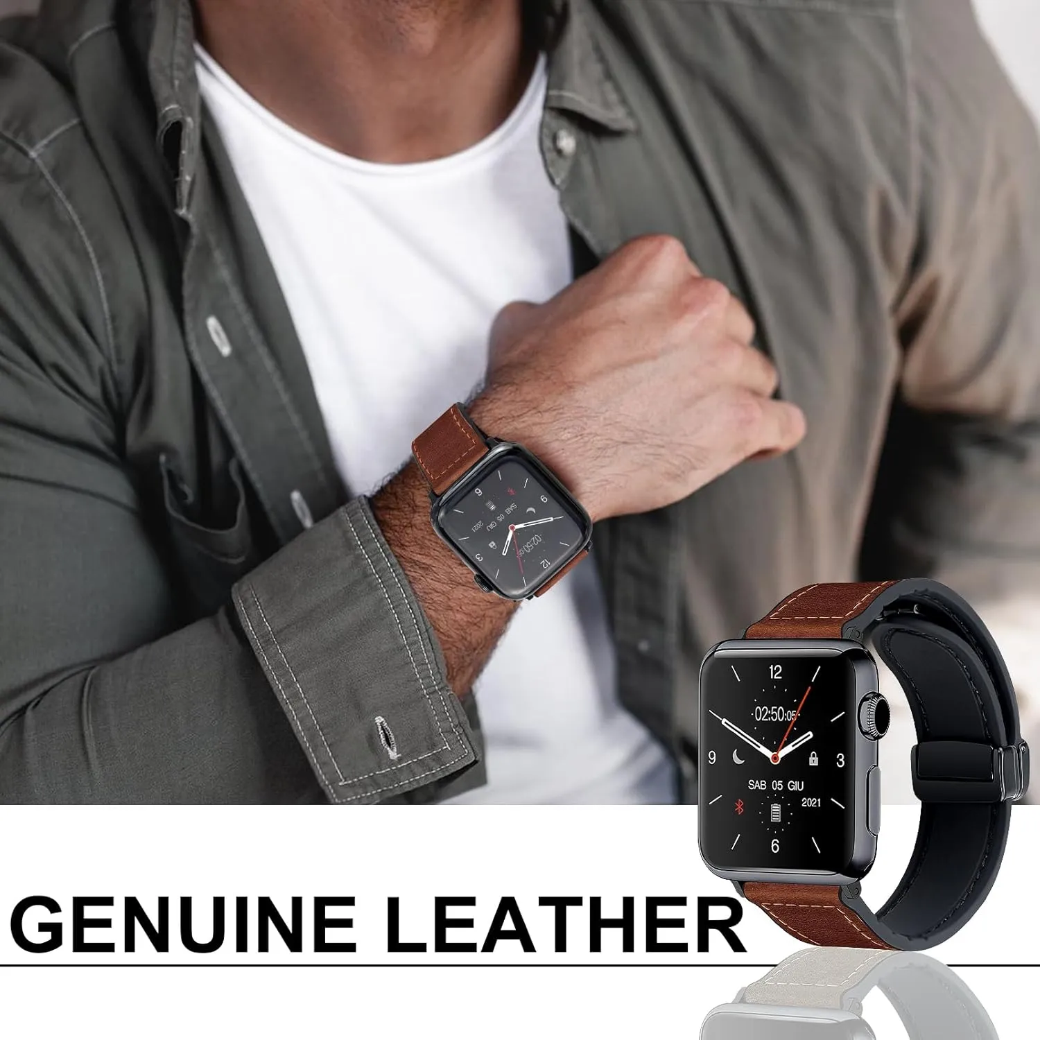Magnetic Leather Bands Compatible with Apple Watch 49mm 46mm 45mm 44mm 42mm(Series 3/2/1) for Men Women, Genuine Leather with Magnetic Buckle for iWatch Ultra 1/2 Series SE/10/9/8/7/6/5/4/3