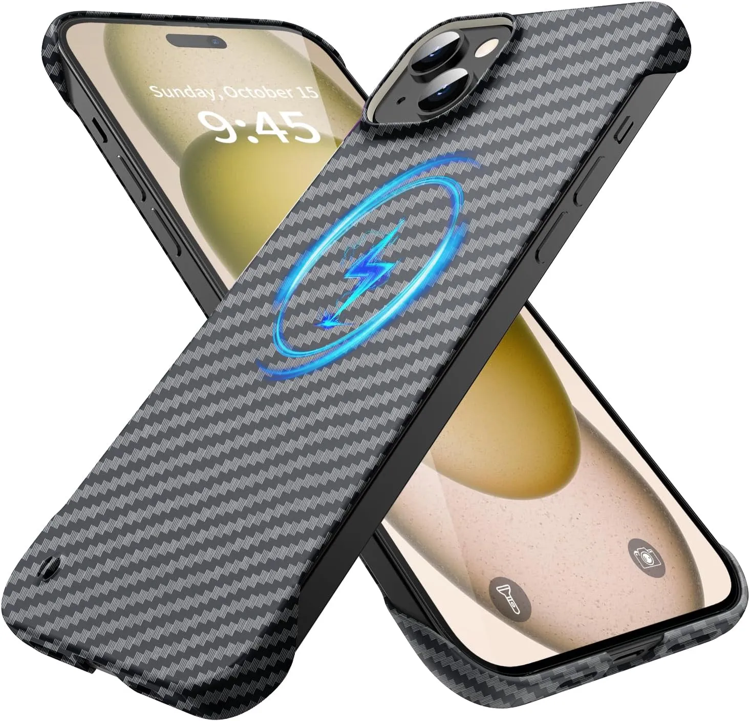 Magnetic Ultra-Thin Frosted Soft Touch Skin Borderless Carbon Fiber Bump Texture for iPhone 15 Frameless Case 6.1" Slim Minimalist Lightweight Frameless Matte Hard for MagSafe Cover Case-Black