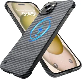 Magnetic Ultra-Thin Frosted Soft Touch Skin Borderless Carbon Fiber Bump Texture for iPhone 15 Frameless Case 6.1" Slim Minimalist Lightweight Frameless Matte Hard for MagSafe Cover Case-Black