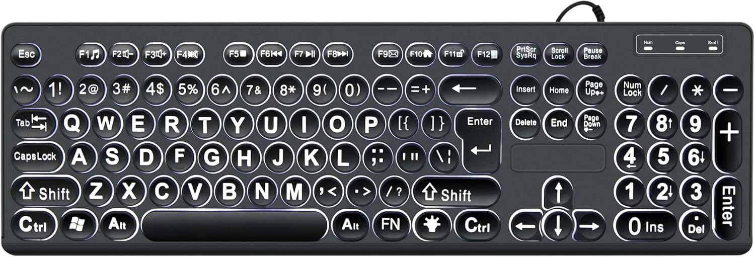 MCSaite Wired Backlit USB Keyboard - 104 Keys Standard Full Size with White LED Large Letter Print Keyboard for Windows Desktop, Laptop, PC