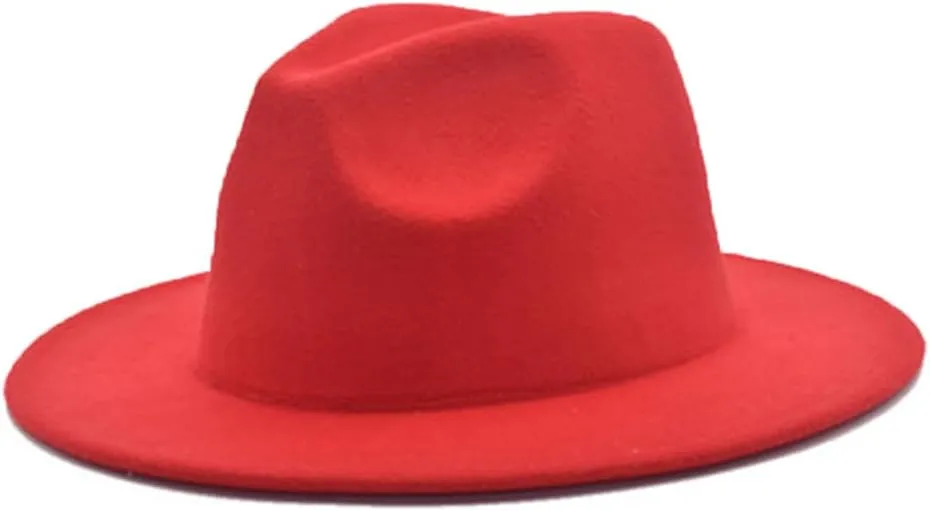 Men Fedora Hat Unisex Solid Color Fedora Hat Women's Wide Brim Jazz Hat Autumn Winter Panama Hat,Red-Medium