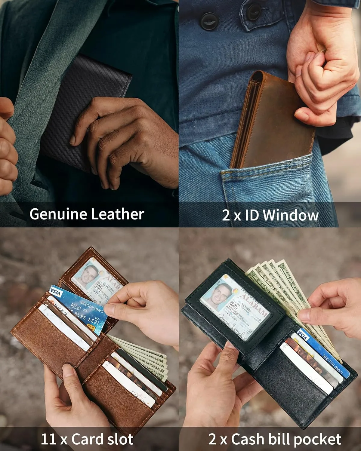 Mens Wallet Genuine Leather Bifold RFID Blocking Wallet for Men with 2 ID Windows 11 Card Holders 2 cash pockets 1 Gift Box