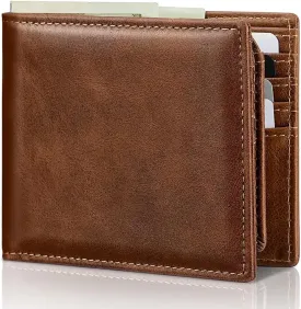 Mens Wallet Genuine Leather Bifold RFID Blocking Wallet for Men with 2 ID Windows 11 Card Holders 2 cash pockets 1 Gift Box