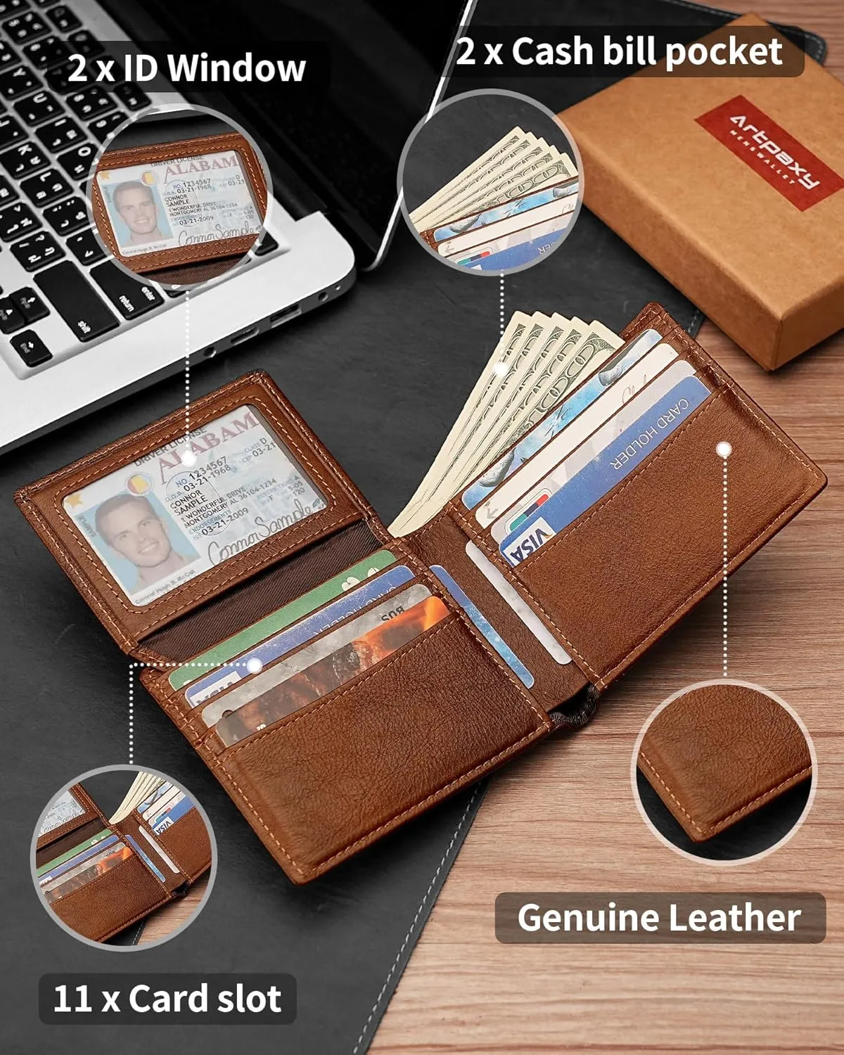 Mens Wallet Genuine Leather Bifold RFID Blocking Wallet for Men with 2 ID Windows 11 Card Holders 2 cash pockets 1 Gift Box