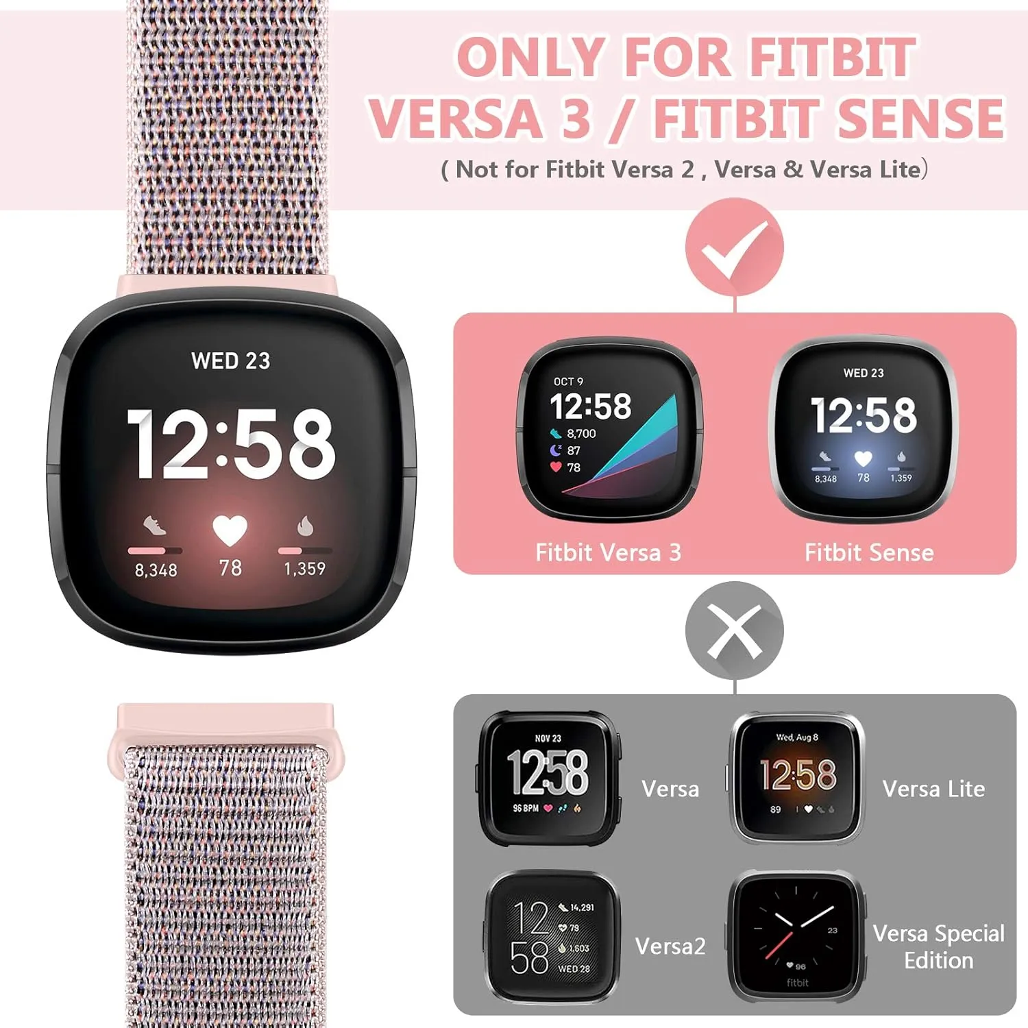 Nylon Bands Compatible with Fitbit Versa 4/Sense 2/Versa 3/Fitbit Sense, Soft Breathable Sport Adjustable Replacement Strap Women Man Wristband Accessories