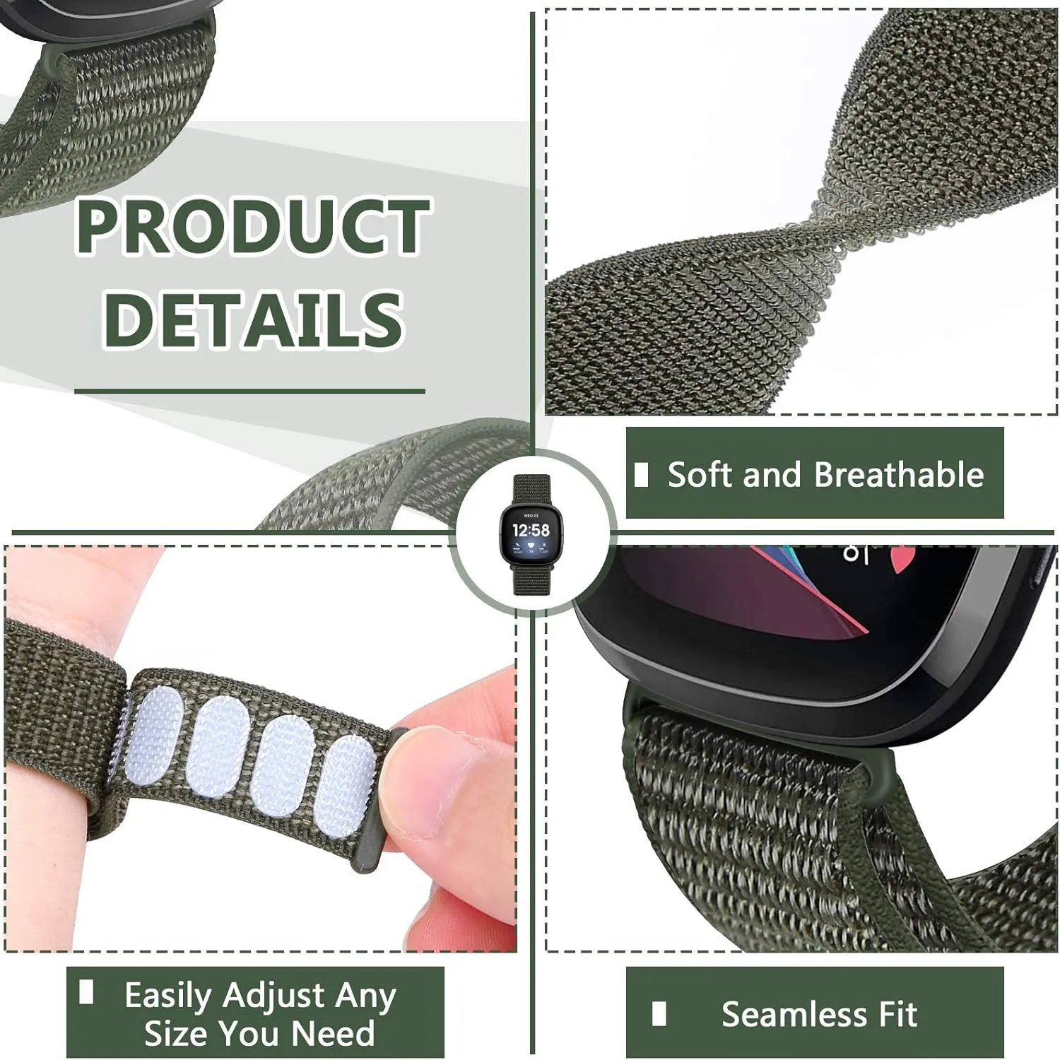 Nylon Bands Compatible with Fitbit Versa 4/Sense 2/Versa 3/Fitbit Sense, Soft Breathable Sport Adjustable Replacement Strap Women Man Wristband Accessories