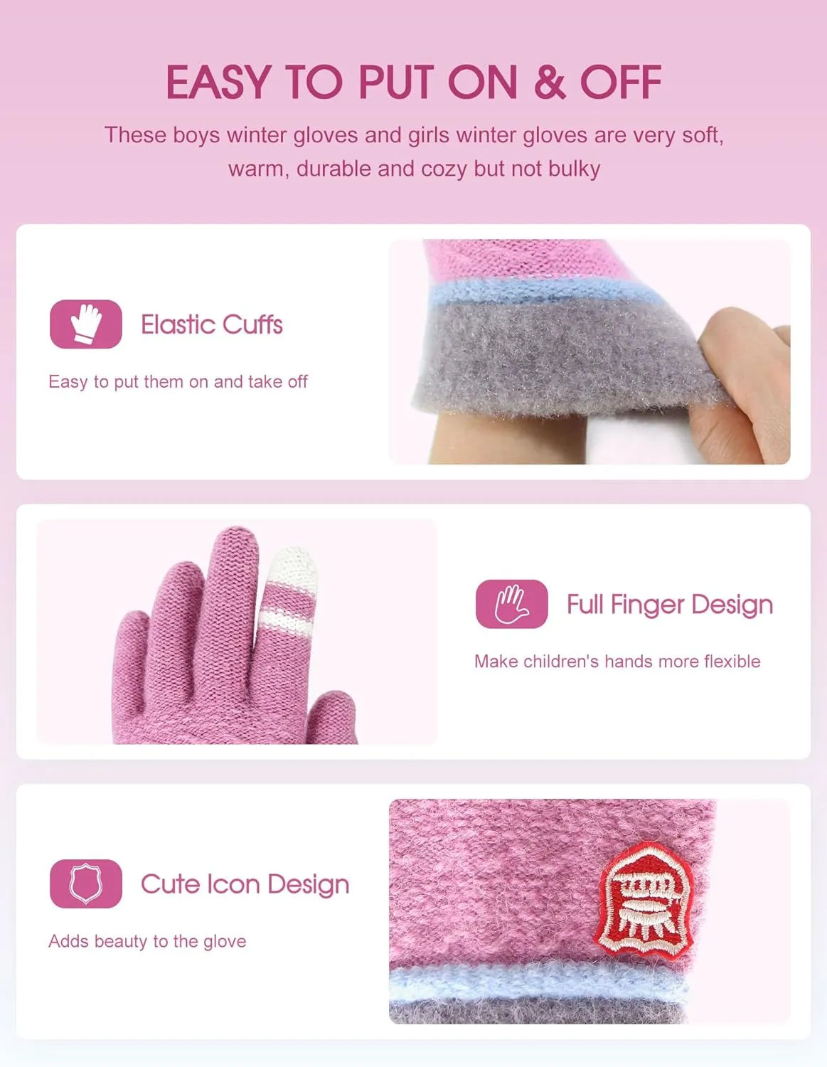 ORVINNER Kids Winter Gloves for Boys Girls, 3 Pairs Children Warm Wool Lined Gloves Toddler Thermal Knitted Mittens