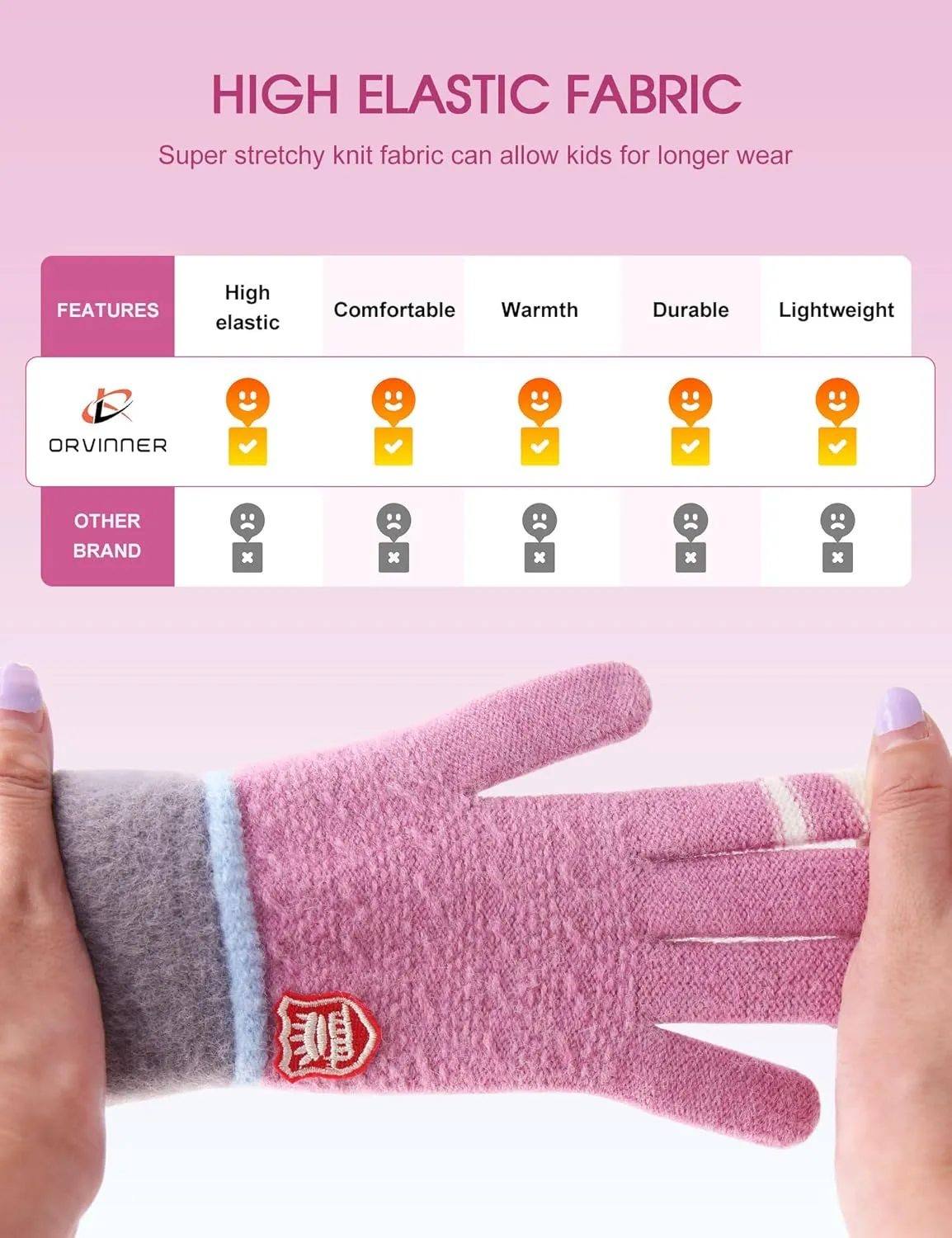 ORVINNER Kids Winter Gloves for Boys Girls, 3 Pairs Children Warm Wool Lined Gloves Toddler Thermal Knitted Mittens