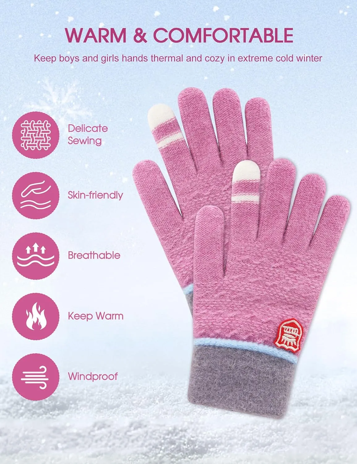 ORVINNER Kids Winter Gloves for Boys Girls, 3 Pairs Children Warm Wool Lined Gloves Toddler Thermal Knitted Mittens