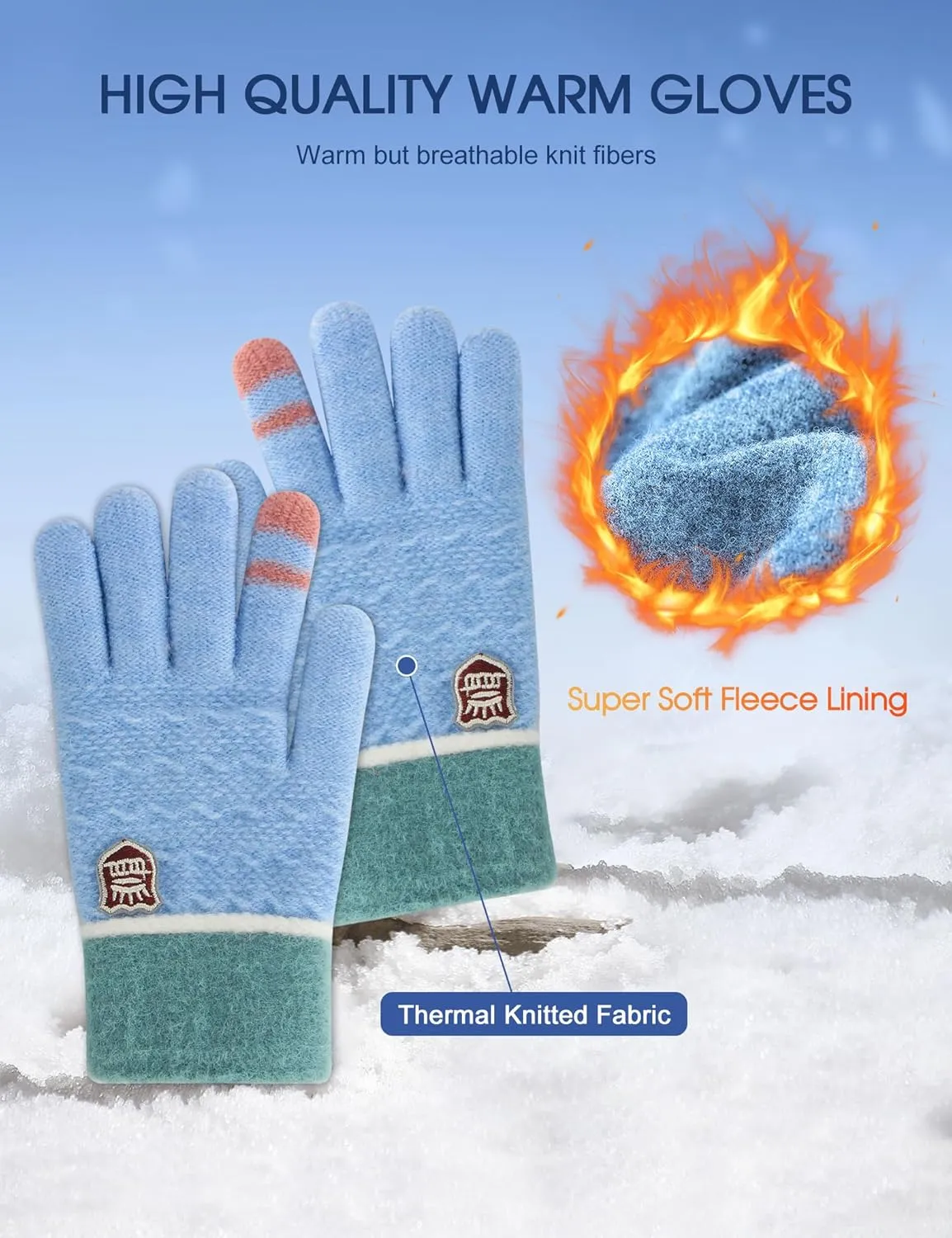 ORVINNER Kids Winter Gloves for Boys Girls, 3 Pairs Children Warm Wool Lined Gloves Toddler Thermal Knitted Mittens