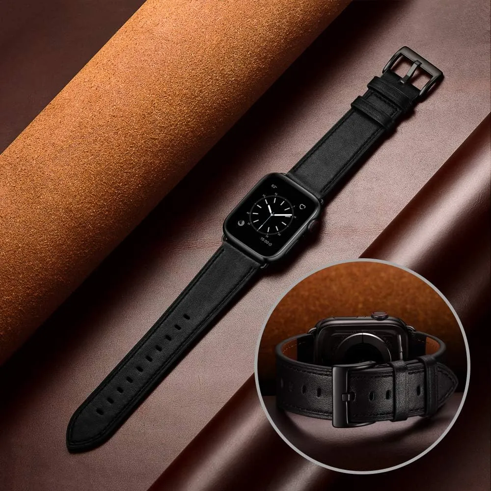 OUHENG Compatible with Apple Watch Band 42mm 41mm 40mm 38mm, Genuine Leather Band Replacement Strap Compatible with Apple Watch Series 10/9/8/7/6/5/4/3/2/1/SE2/SE, Black/Black