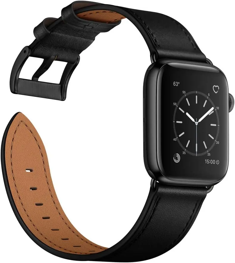 OUHENG Compatible with Apple Watch Band 49mm/46mm/45mm/44mm/42mm, Genuine Leather Band Replacement Strap Compatible with Apple Watch Ultra 2/1 Series 10/9/8/7/6/5/4/3/2/1/SE, Black/Black