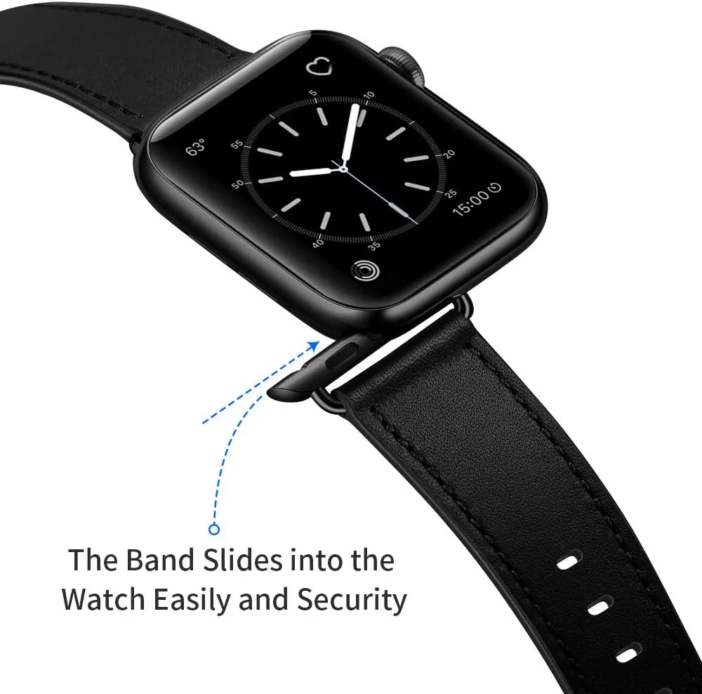 OUHENG Compatible with Apple Watch Band 49mm/46mm/45mm/44mm/42mm, Genuine Leather Band Replacement Strap Compatible with Apple Watch Ultra 2/1 Series 10/9/8/7/6/5/4/3/2/1/SE, Black/Black