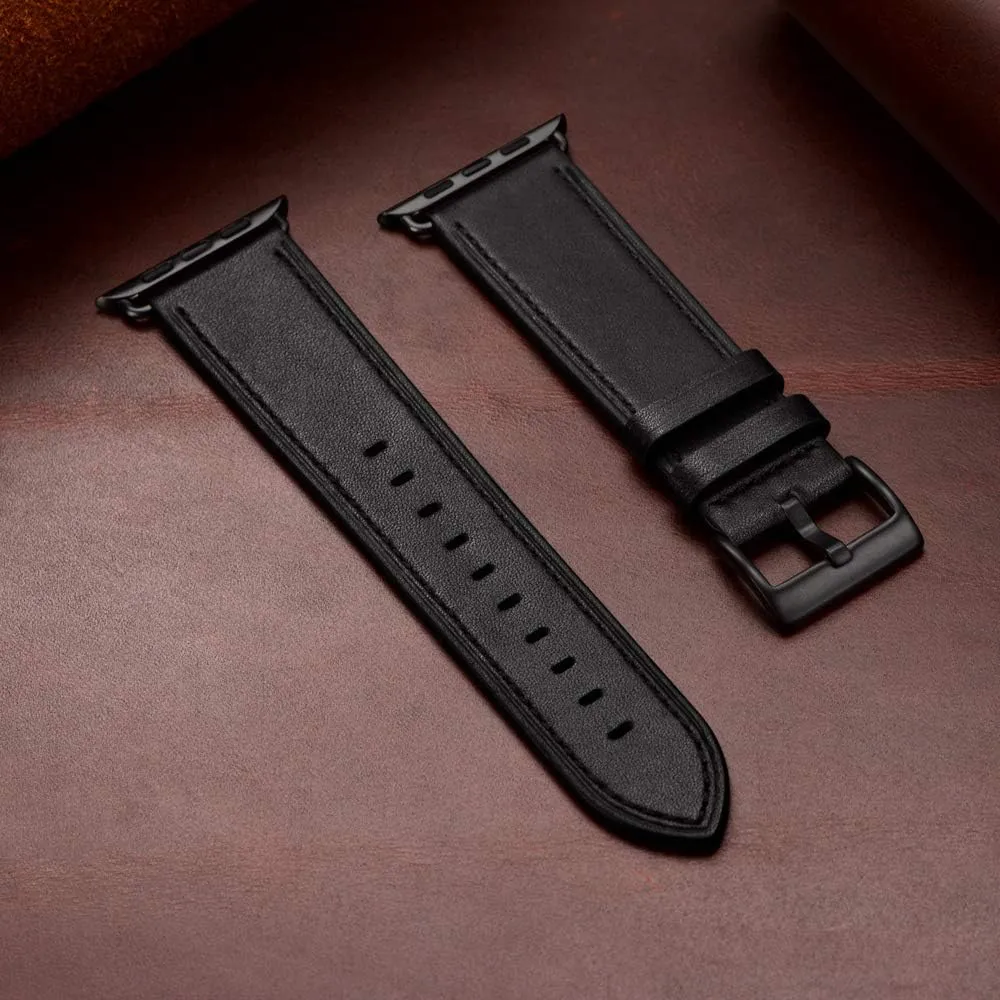 OUHENG Compatible with Apple Watch Band 49mm/46mm/45mm/44mm/42mm, Genuine Leather Band Replacement Strap Compatible with Apple Watch Ultra 2/1 Series 10/9/8/7/6/5/4/3/2/1/SE, Black/Black