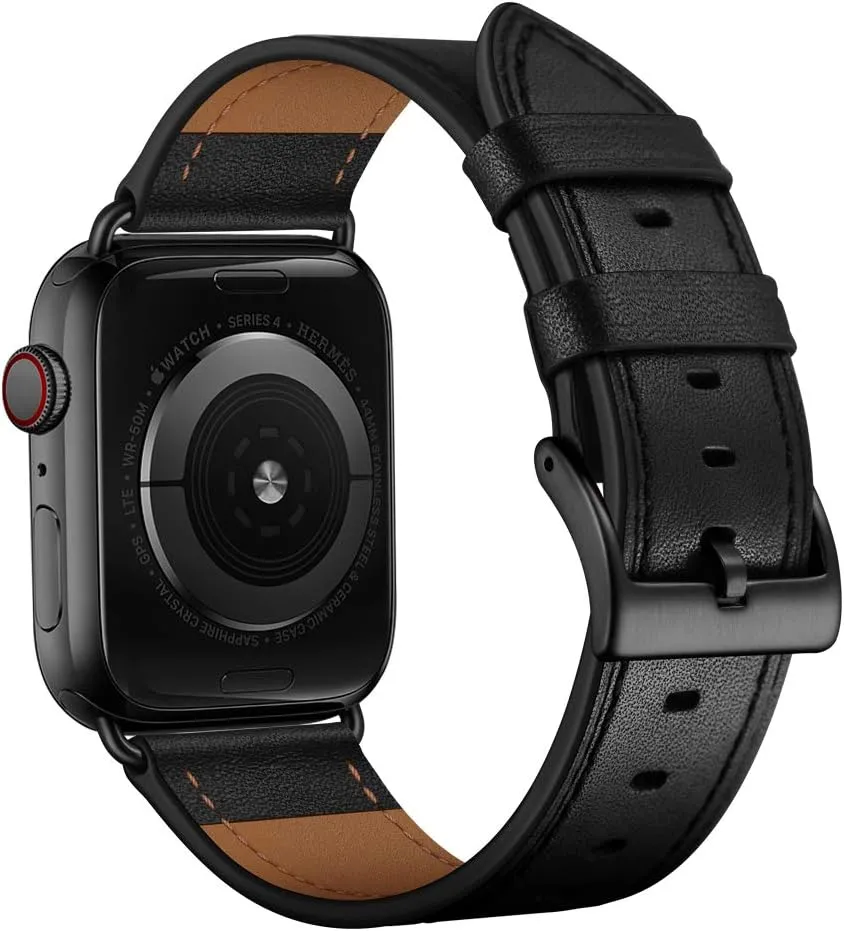 OUHENG Compatible with Apple Watch Band 49mm/46mm/45mm/44mm/42mm, Genuine Leather Band Replacement Strap Compatible with Apple Watch Ultra 2/1 Series 10/9/8/7/6/5/4/3/2/1/SE, Black/Black