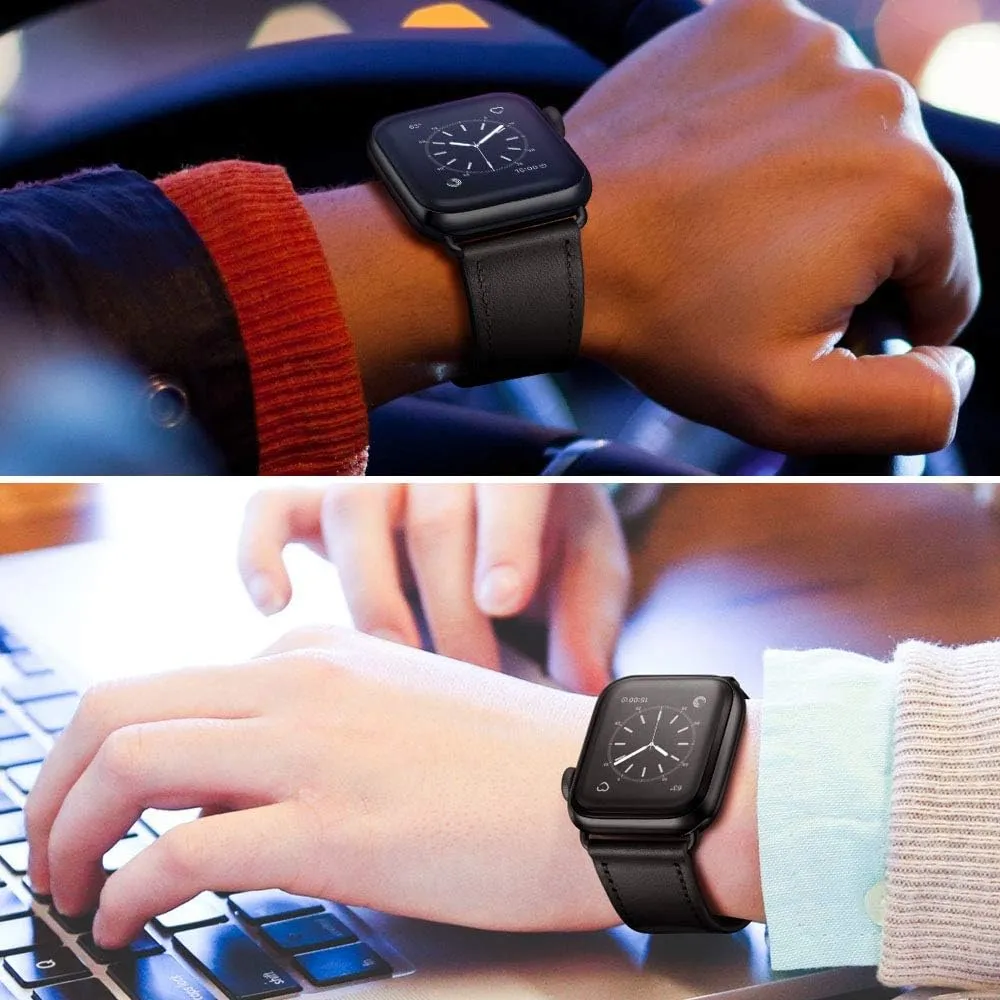 OUHENG Compatible with Apple Watch Band 49mm/46mm/45mm/44mm/42mm, Genuine Leather Band Replacement Strap Compatible with Apple Watch Ultra 2/1 Series 10/9/8/7/6/5/4/3/2/1/SE, Black/Black