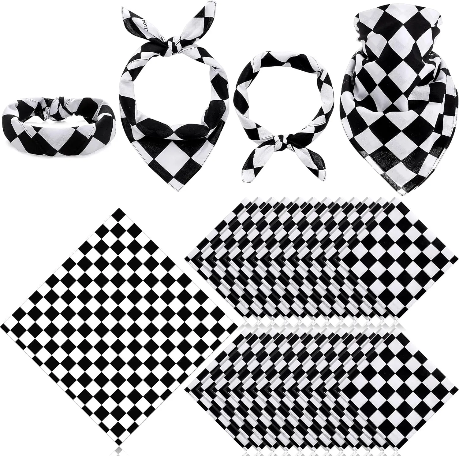 Panitay 24 Pcs Checkered Flag Bandanas Cotton Bandanna Black and White Checkered Wearable Bandanas for Women Men Racing Party Scarf Handkerchief Accessories Costume