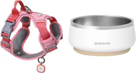 Pawaii Dog Bowl & Harness Bundle for Medium Dogs - Double-Layer Stainless Steel, Non-Slip Base, 34/68 oz, Modern Style, Portable, Dishwasher Safe