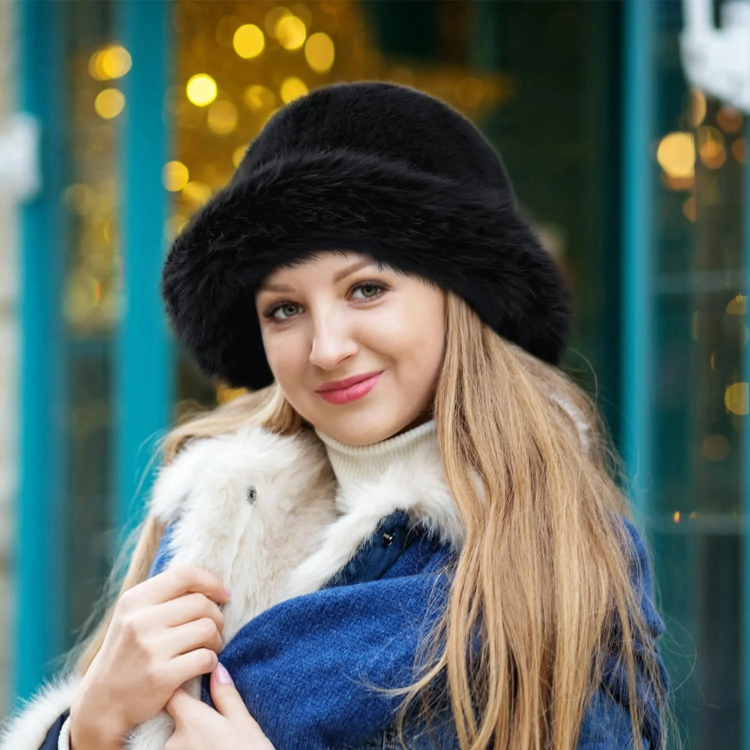 Peicees Winter Bucket Hat for Women Girls Fur Russian Ushanka Ladies Fluffy Snow Hat Fuzzy Fisherman Cap Warm Cute