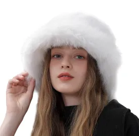 Peicees Winter Bucket Hat for Women Girls Fur Russian Ushanka Ladies Fluffy Snow Hat Fuzzy Fisherman Cap Warm Cute