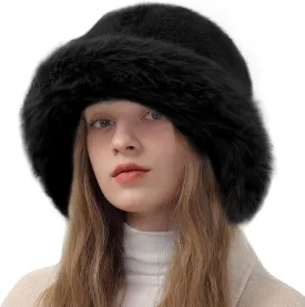 Peicees Winter Bucket Hat for Women Girls Fur Russian Ushanka Ladies Fluffy Snow Hat Fuzzy Fisherman Cap Warm Cute