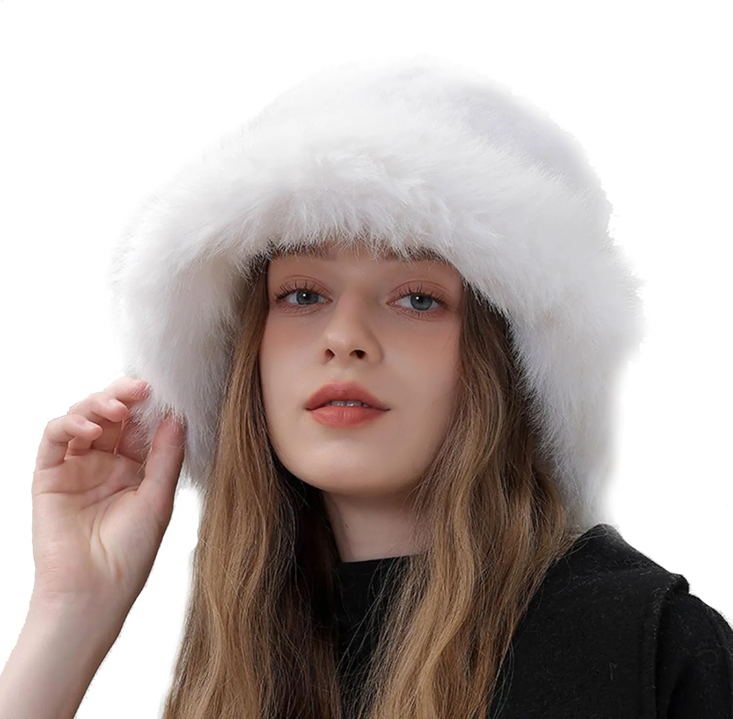 Peicees Winter Bucket Hat for Women Girls Fur Russian Ushanka Ladies Fluffy Snow Hat Fuzzy Fisherman Cap Warm Cute