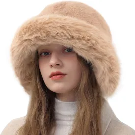 Peicees Winter Bucket Hat for Women Girls Fur Russian Ushanka Ladies Fluffy Snow Hat Fuzzy Fisherman Cap Warm Cute